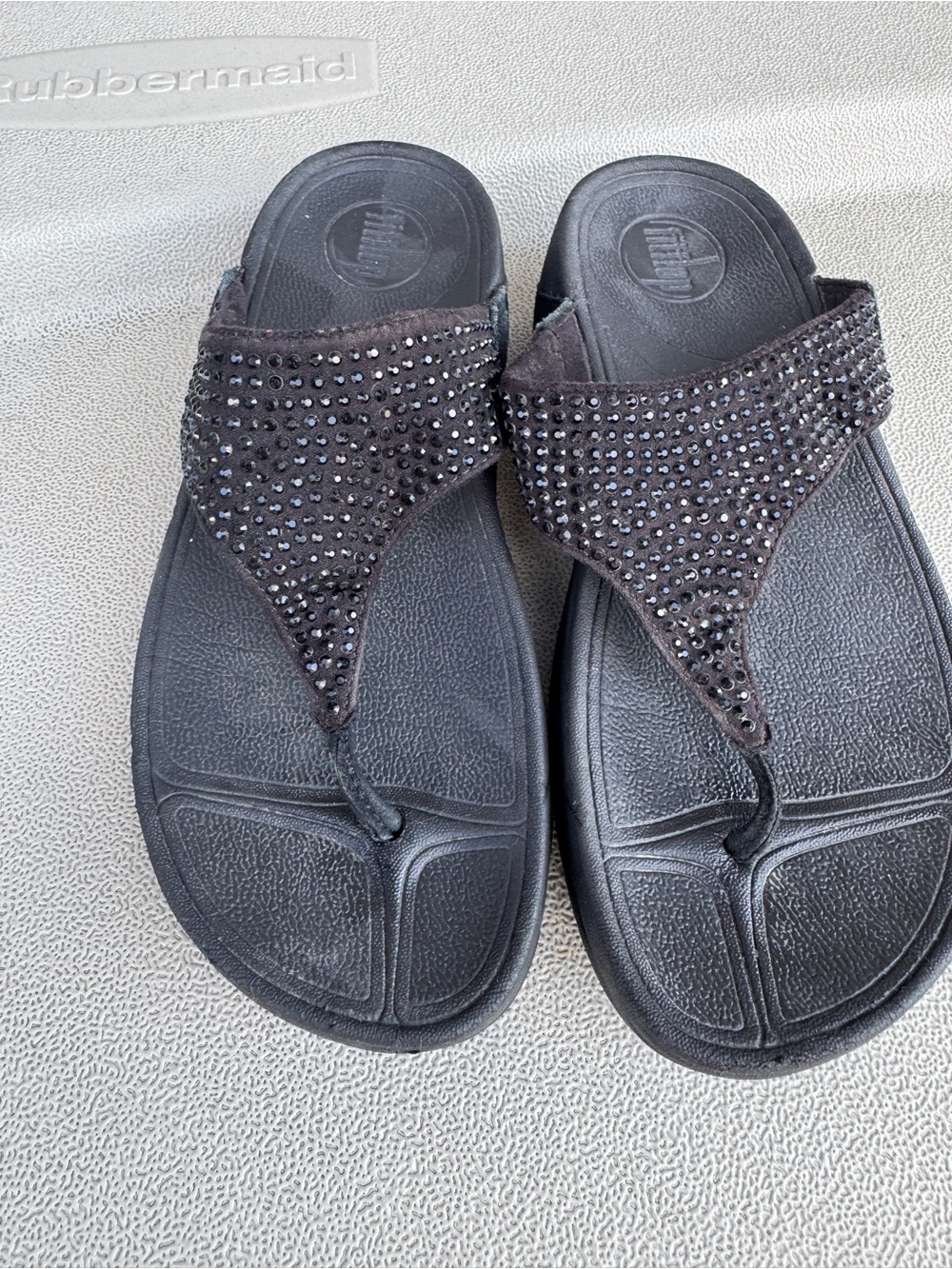 FitFlop Sandals Women 6 Wedge Flip Flop Embellished Suede Black